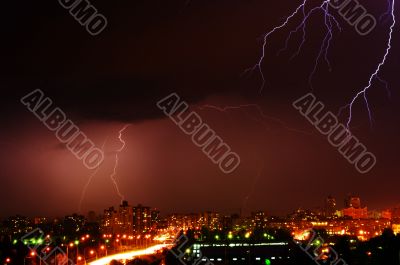 Thunderstorm with lightning in the city
