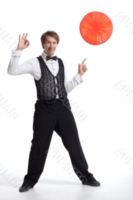 Juggler show up to his props Juggler show up to his props