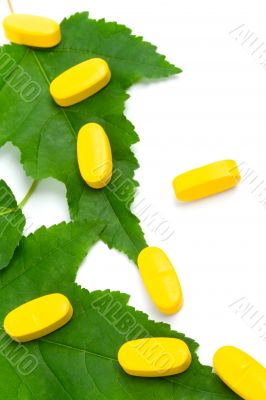 vitamin pills over green leaves