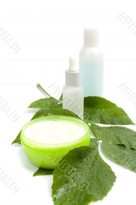 cosmetic products with green leaf