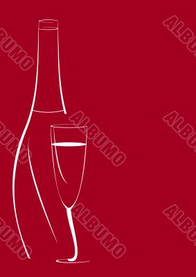 bottle and wine glass, red background