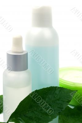 cosmetic products with green leaf