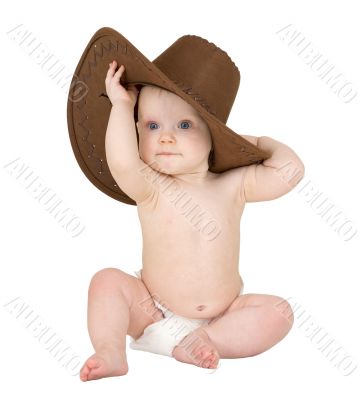Baby on a white background with cowboy hat