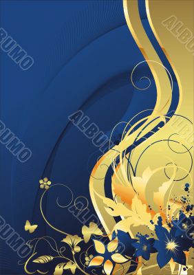 Dark blue flowers and gold butterflies