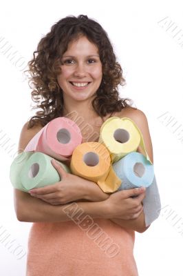 Woman wrapped in bath towel with toilet paper