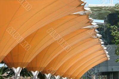 Photo of a patio umbrellas at a cafe