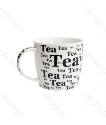 White tea cup with black inscriptions isolated