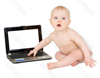Baby with the laptop isolated on white
