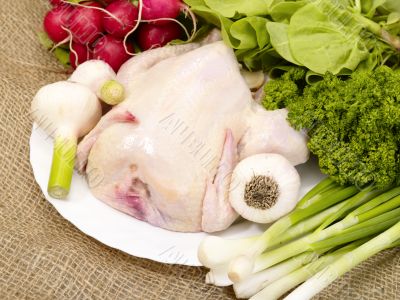 chicken prepared for cooking with spices on burlap