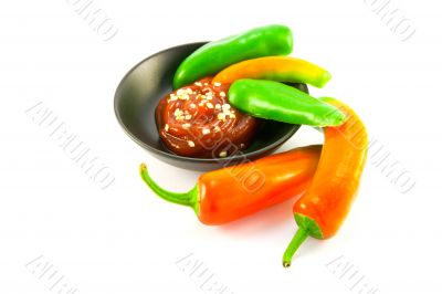 Chillis and Dipping Sauce in a Bowl