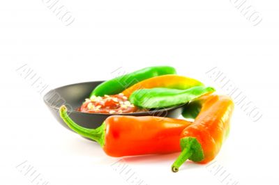 Chillis and Dipping Sauce in a Bowl