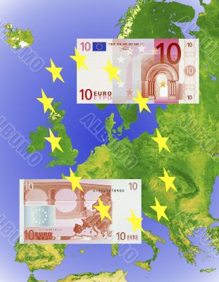 10 Euro note on Euro map