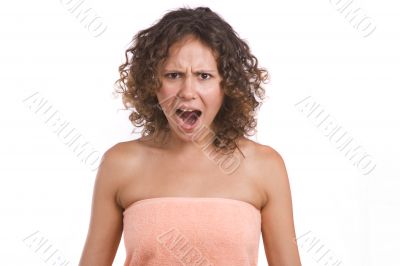 A woman screaming with crazy expression.