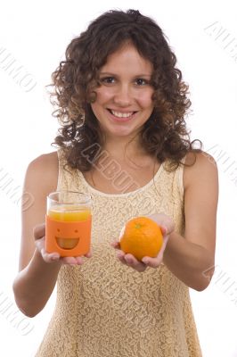 Woman with orange and orange juice.