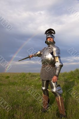 medieval knight in the field, and a rainbow medieval knight in the field, and a rainbow