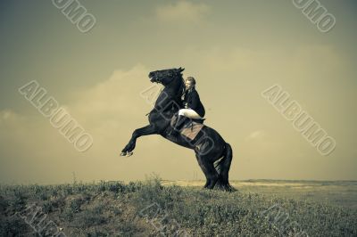 horsewoman trains the horse / split vintage toned