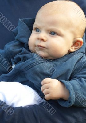 Small newborn baby in blue jacket