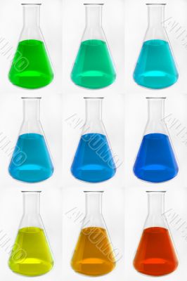 chemical glass retorts with colorful liquid