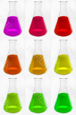 chemical glass retorts with colorful liquid