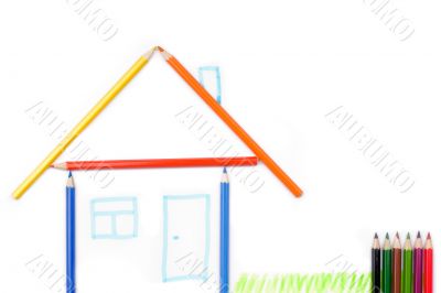 House from color pencils. Isolated on white background. House from color pencils. Isolated on white background.