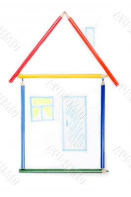 House from color pencils. Isolated on white background.