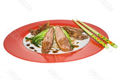 Crisp duck with baby pok choi