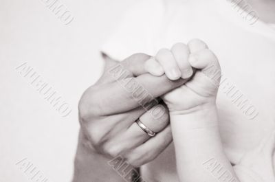 Baby holds mother finger