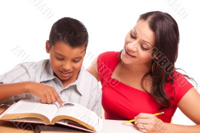 Attractive Hispanic Mother and Son Studying