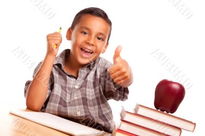 Adorable Hispanic Boy with Books, Apple, Pencil and Paper