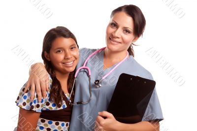 Pretty Hispanic Girl and Female Doctor Isolated