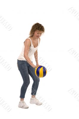 sports woman with ball on white