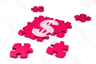 A dollar symbol maded by puzzle`s pieces