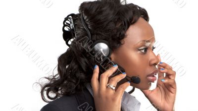 businesswoman talking on a customer service line