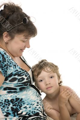 happy expectant mother with son closeup