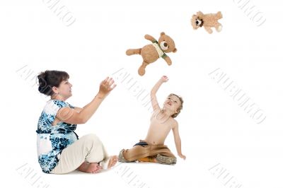 mother with boy play bear