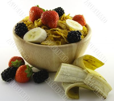 Cornflakes and Fruit in a Wooden Bowl