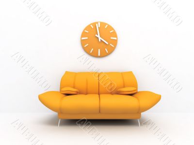 Orange sofa and clock
