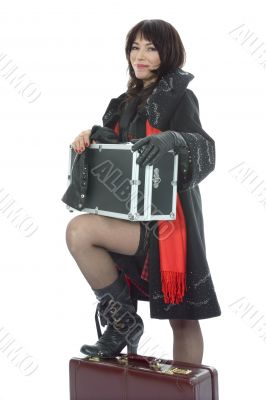Beautifu lbrunette with valise