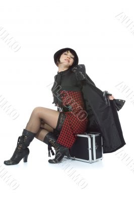 Beautifu lbrunette with valise