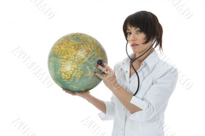 young doctor with stethoscope and globe