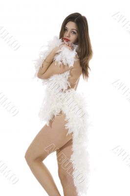 Nude girl with cape from feather