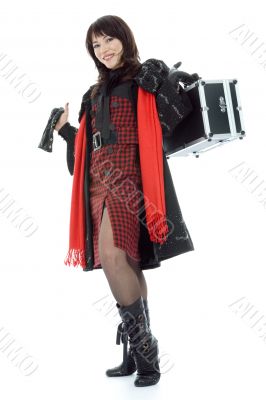 Beautifu lbrunette with valise
