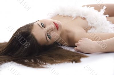 Nude girl with cape from feather