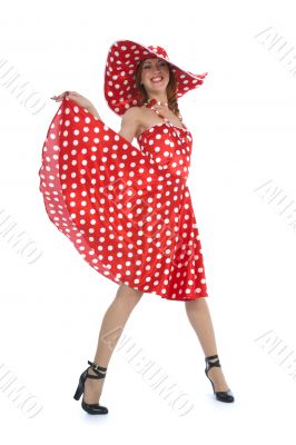 portrait redheaded with spotted dress