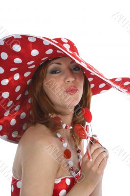portrait redheaded with spotted dress