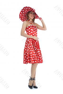 portrait redheaded with spotted dress