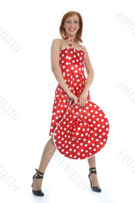 portrait redheaded with spotted dress