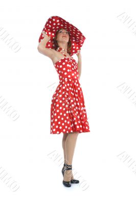 portrait redheaded with spotted dress