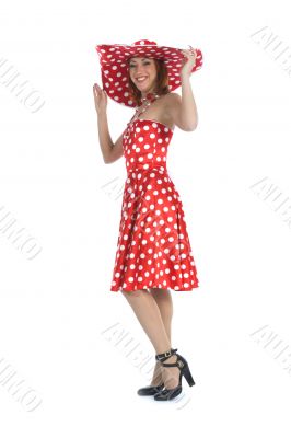 portrait redheaded with spotted dress