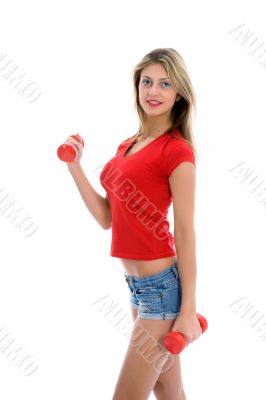 beautiful girl with dumbbells